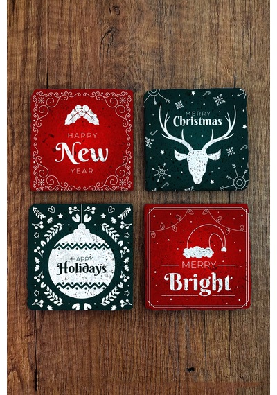 Doğal Taş Bardak Altlığı 10x10cm- Mery Christmast Baskılı Yeni Yıl Stone Coasters 491 Çok Renkli