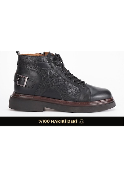 Fame Step Hakiki Deri Erkek Bot Bağcıklı Fermuarlı Casual Kışlık Soğuğa Dayanıklı Poli Taban İç Dış Hakiki Dana Derisi Siyah