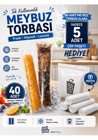 Tek Kullanımlık Meybuz Poşeti 40 Adet 5.5x22 Cm Kendinden Yapışkanlı 5 Adet Çöp Torbası Hediye