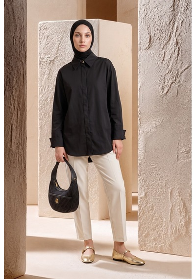 Armine Trend Doğal Kumaş Gizli Patlı Tam Boy Düğmeli Oversize Basic Gömlek Siyah 26yt304