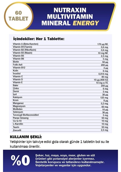Nutraxin Multivitamin Mineral Energy Tıredness Fatıgue2x60 Tablet