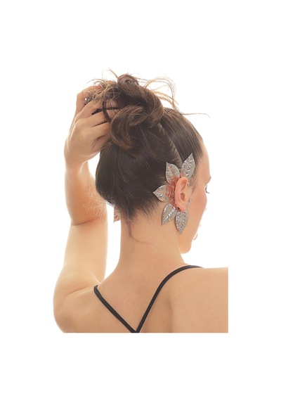 Kadın Gümüş Renk Lak Kaplama Zirkon Taşlı Dokulu Yaprak Stilizesi Sağ Kulak Earcuff&kıkırdak Küpe Çok Renkli