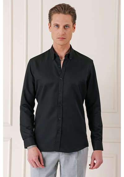 Efor Slim Fit Düğmeli Yaka Dokulu Pamuklu Klasik Siyah Gömlek Gk 717 Siyah