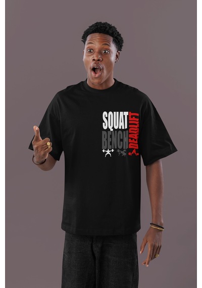 Squat Bench Deadlift Sırt Baskılı Unisex Oversize Sporcu Fitness Siyah