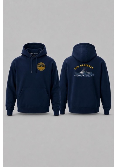 Bahriyeli Collection Kapüşonlu Tcg Gelibolu Altın Seri Dalgalar Arası Tasarımlı Cep Ve Sırt Baskılı Unisex Sweatshirt Lacivert