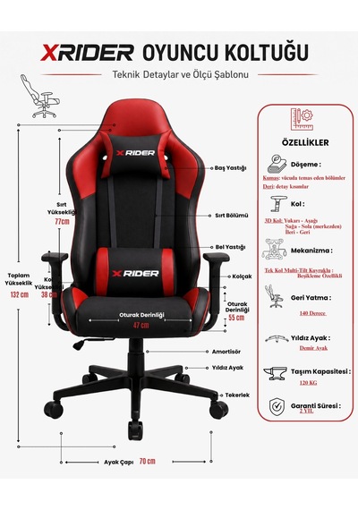 Xrider Bone Model 140 Yatan, Kumaş Oyuncu Koltuğu Kırmızı
