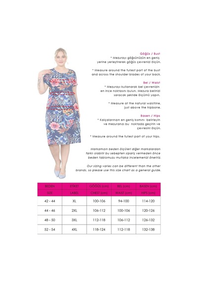 Mooi Xxl Kadın Lacivert Pembe Tropikal Desen Midi Elbise Lacivert
