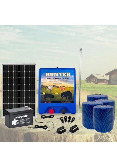 Hunter Ekonomik 2000mt Domuz - Ayı Kovucu Elektrikli Çit Sistemi Güneş Panelli Jel Akülü
