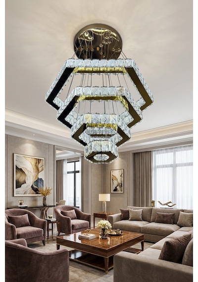 Diamond 4 Katlı Kristal Taşlı Modern Sarkıt Led Avize Çok Renkli
