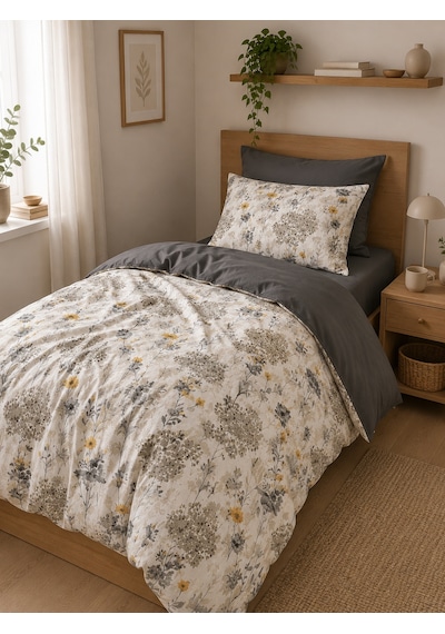 Mystory Home Tek Kişilik Lastikli Çarşaflı Nevresim Takımı Jaune Füme Füme Sarı Gri
