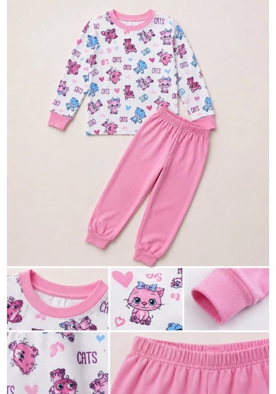 Novalisse Kız Çocuk Premium Penye Kedi Desenli Uzun Kollu Pijama Takımı 2-11 Yaş - Pembe Çoklu Renk