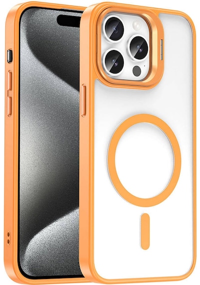 Apple iPhone Uyumlu 15 Pro Max Kılıf Magsafe Şarj Özellikli Standlı Magsafe Klon Lensli K Turuncu Turuncu