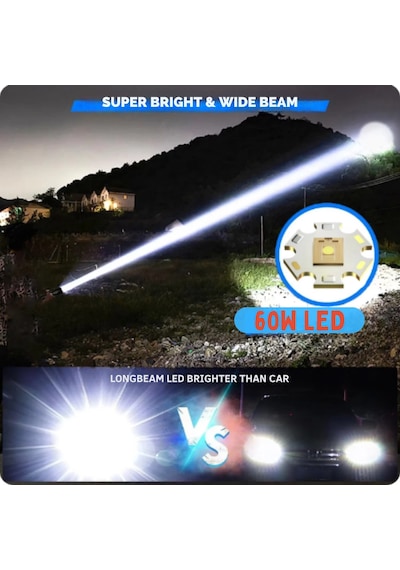 Ultra Güçlü Beyaz Lazer Led El Feneri - 2 Km Menzilli & Powerbank Özellikli Çift Pil Setli Gri
