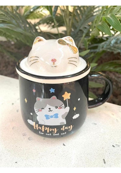 Kawai 3d Kedi Kapaklı Kaşıklı Kupa Bardak Siyah