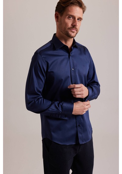 Erkek Lacivert Uzun Kol Slim Fit Saten Gömlek