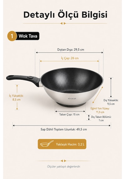 28 Cm Seramik İç Yüzeyli İndüksiyon Uyumlu Paslanmaz Çelik Wok Tava Gümüş