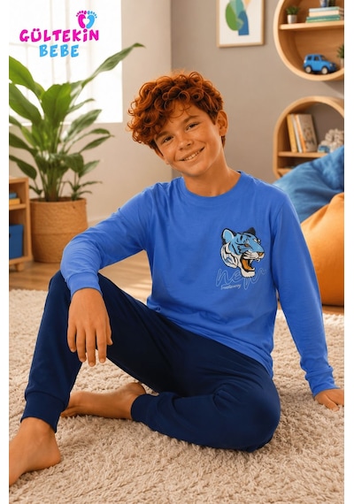Tarık İnterlok Kumaş Çıta Baskılı Erkek Pijama Takımı 11-16 Yaş -ta4405470 - Mavi