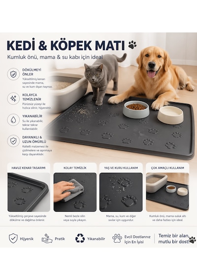 Kedi Köpek Mama Matı Havuzlu Yıkanabilir Kaymaz Evcil Hayvan Beslenme Matı Kedi Kumu Paspası 40x60