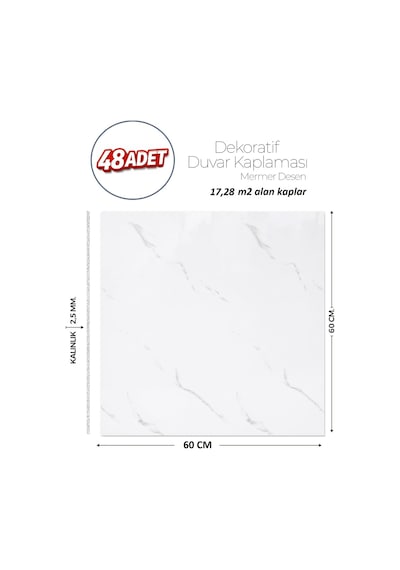 60x60 Cm Kendinden Yapışkanlı Duvar,banyo,tezgah Arası Beyaz Mermer-48 Adet Lls014-60-48