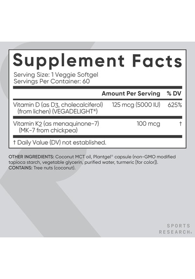 Sports Research D3 + K2, 125 Mcg/100 Mcg, 60 Vegsoftgels Orijinal Usa Menşeii Dmmedicineden