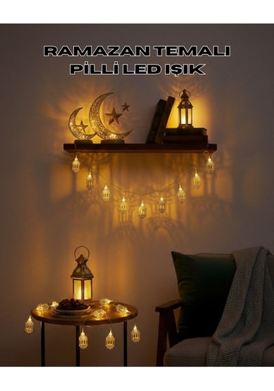 Altın Fener Detaylı Pilli Ramazan Led Işık Ev Dekorasyonu Resimdeki