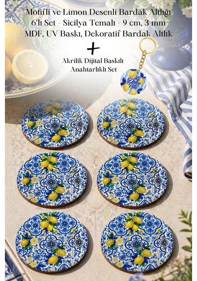Motifli Ve Limon Desenli Bardak Altlığı 6 Lı Set 9 Cm Mdf Çok Renkli