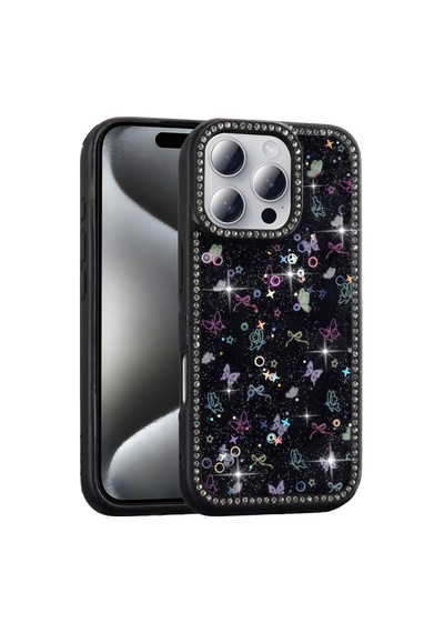 Apple Uyumlu iPhone 16 Prokılıf Taş Ve Sim Süslemeli Elunya Premium Sert Silikon Kapak Siyah
