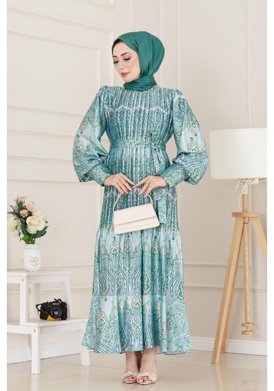 Sevitli Piliseli Eteği Volanlı Saten Mona Elbise-mint Yeşili-5073 Mint Yeşili