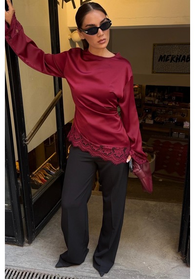 Madmext Bordo Asimetrik Dantelli Uzun Kollu Saten Bluz Mg2799