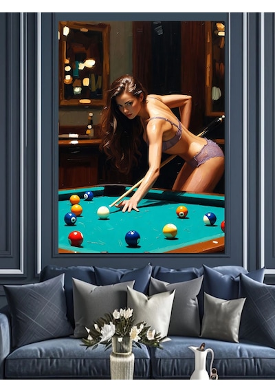 Ahşap Tablo Bilardo Oynayan Güzel Kadın