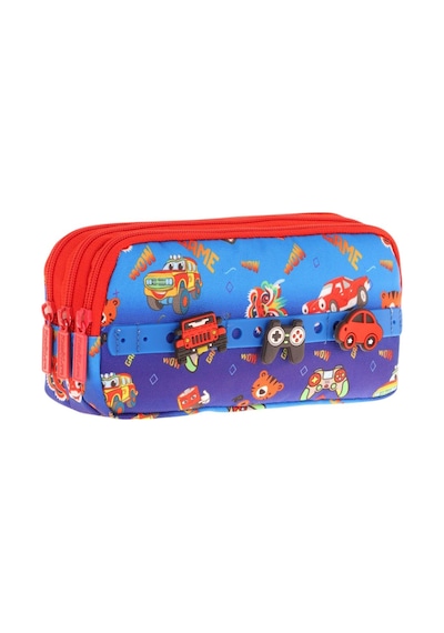 Kaukko Kids Mavi Kırmızı, Arabalar, Erkek Çocuk Üç Bölmeli Okul Kalem Çantası - L8258 Mavi - Kırmızı