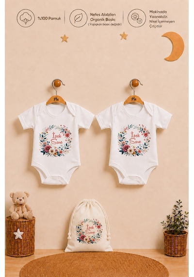 Pia Baby İsme Özel Kız Bebek Hediyesi 2'li %100 Pamuk Organik Baskılı Çıtçıtlı Body Zıbın Ve Ham Bez Kıyafet Kesesi 1069b2k2x Ekru