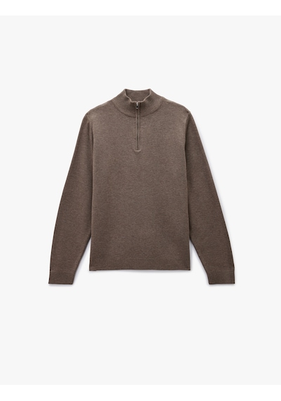 Koton Uzun Kollu Regular Fit Basic Yarım Fermuarlı Triko Kazak Kahverengi 6wam70054ht Kahverengi
