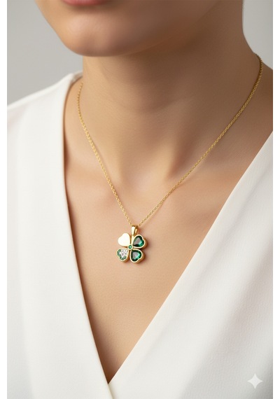 Çekirdekjewelry Zümrüt Işıltılı Dört Yaprak Yonca 925 Ayar Gümüş Kolye Sarı