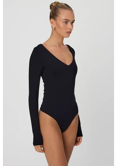 Madmext Siyah V Yaka Uzun Kol Esnek Kumaş Bodysuit Mg2132-siyah Siyah