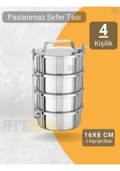 4 Lü Sefer Tası 16x8 Cm Yemek Taşıma Kabı Paslanmaz Çelik No:3 Kapasite 4 Kişilik Gri