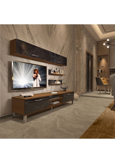 Decoraktiv Eko 5 Mdf Dvd Krom Ayaklı Tv Ünitesi Tv Sehpası Ceviz - Siyah Mermer