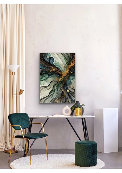 Yeşil Mavi Gold Soyut Kanvas Tablo 70x100cm