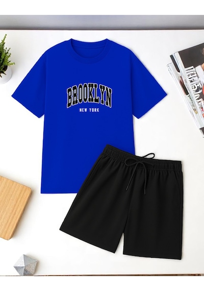 Uyguntarz Unisex Brooklyn Baskılı Tasarım Şort Takım Mavi
