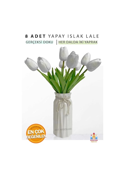 Beyaz Gerçeksi Dokulu Yapay Lale Buketi - 8 Li Islak Lale Seti, 32 Cm Beyaz