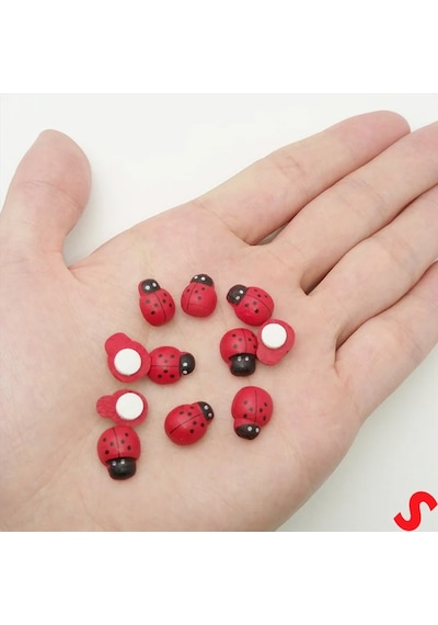Uğur Böceği Ahşap Sticker, 1,5cm X 1,2cm X 15 Adet - Kırmızı