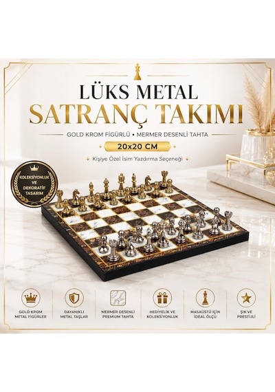 Lüks Metal Satranç Takımı Krom Figürlü 20x20 Cm Kehribar Tahta Dekoratif Koleksiyon Hediye Seti Özel