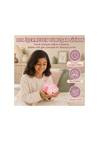 Axopo - Aksolotl Figürlü Şarjlı Silikon Gece Lambası 3 Kademe Dokunmatik Usb-c Pembe Pembe