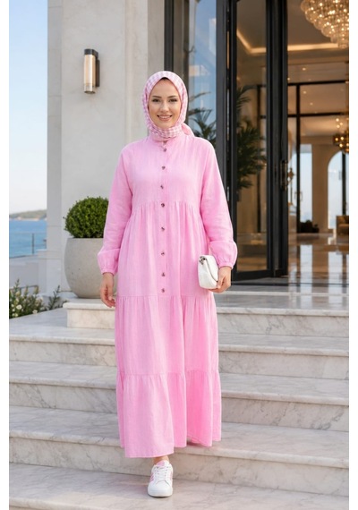Hb Harma Time Butik Kadın Düğmeli Kat Detaylı Keten Pembe Elbise