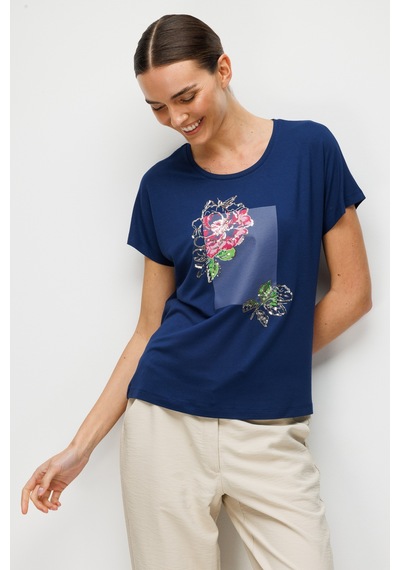 Kadın Sıfır Yaka Önü Payet Güllü Penye T-shirt Lacivert Lacivert