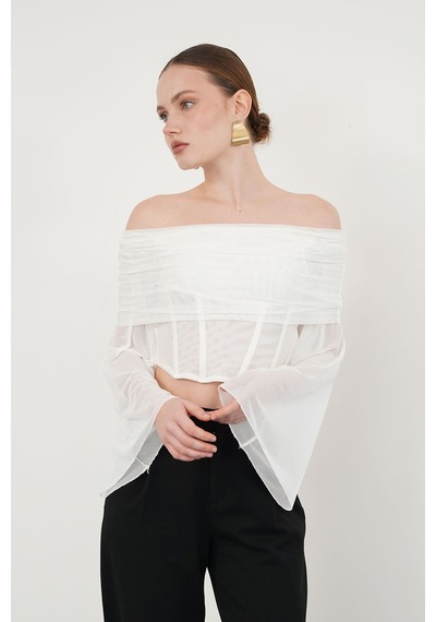 Verymoda D 2977 Uzun Kol Tül Bluz - D2977 Krem