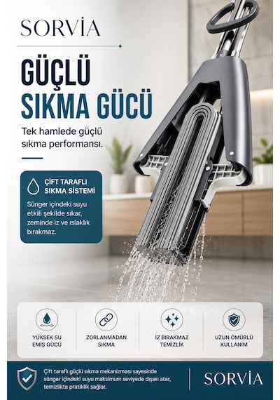 Kelebek Mop Kendinden Sıkmalı Pva Sünger Mop 124 Cm Çelik Saplı Yer Silme Ve Zemin Temizlik Mopu Kıl Tüy Toz Toplayan Temizlik Seti
