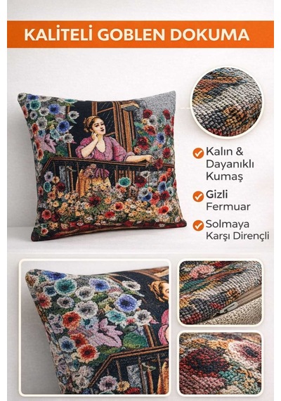 Goblen Balkondaki Kadın Desen Kırlent Kılıf Kahverengi