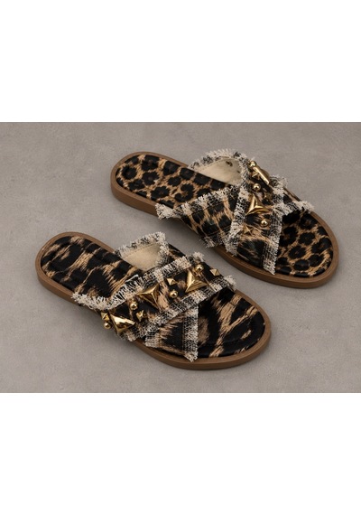 Dabab Shoes Helıa Kadın Gold Taş Detaylı Hasır Dokulu Fraseli Leopar Terlik