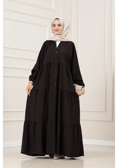 Sevitli Lilyum Kumaş Robalı Katya Elbise-kahverengi-5819